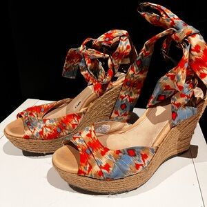 UGG Red and Blue Wedge Sandals with Floral Ankle Wrap